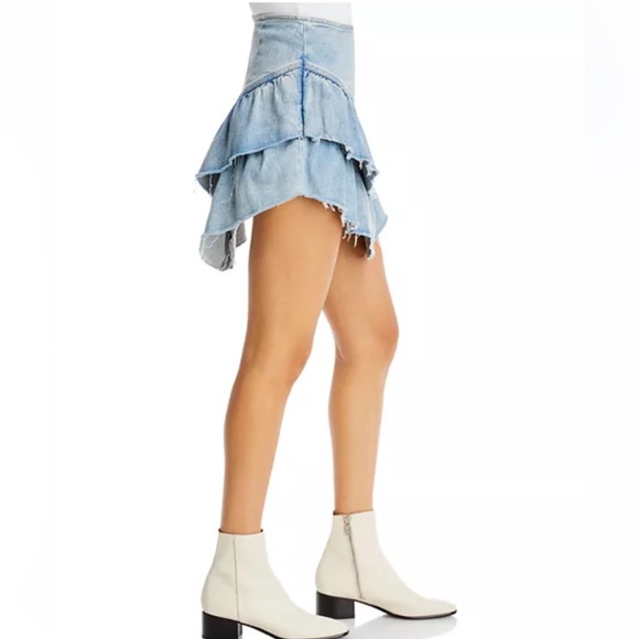 MOTHER THE RUFFLE MINI RAW EDGE DISTRESSED DENIM JEAN MINI COASTAL COWGIRL SKIRT - Picture 6 of 16